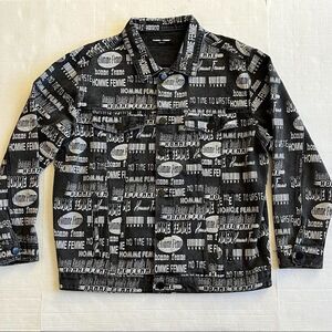 Homme + Femme Men's Black All Over Logo Print Button Front Denim Jacket Xlarge